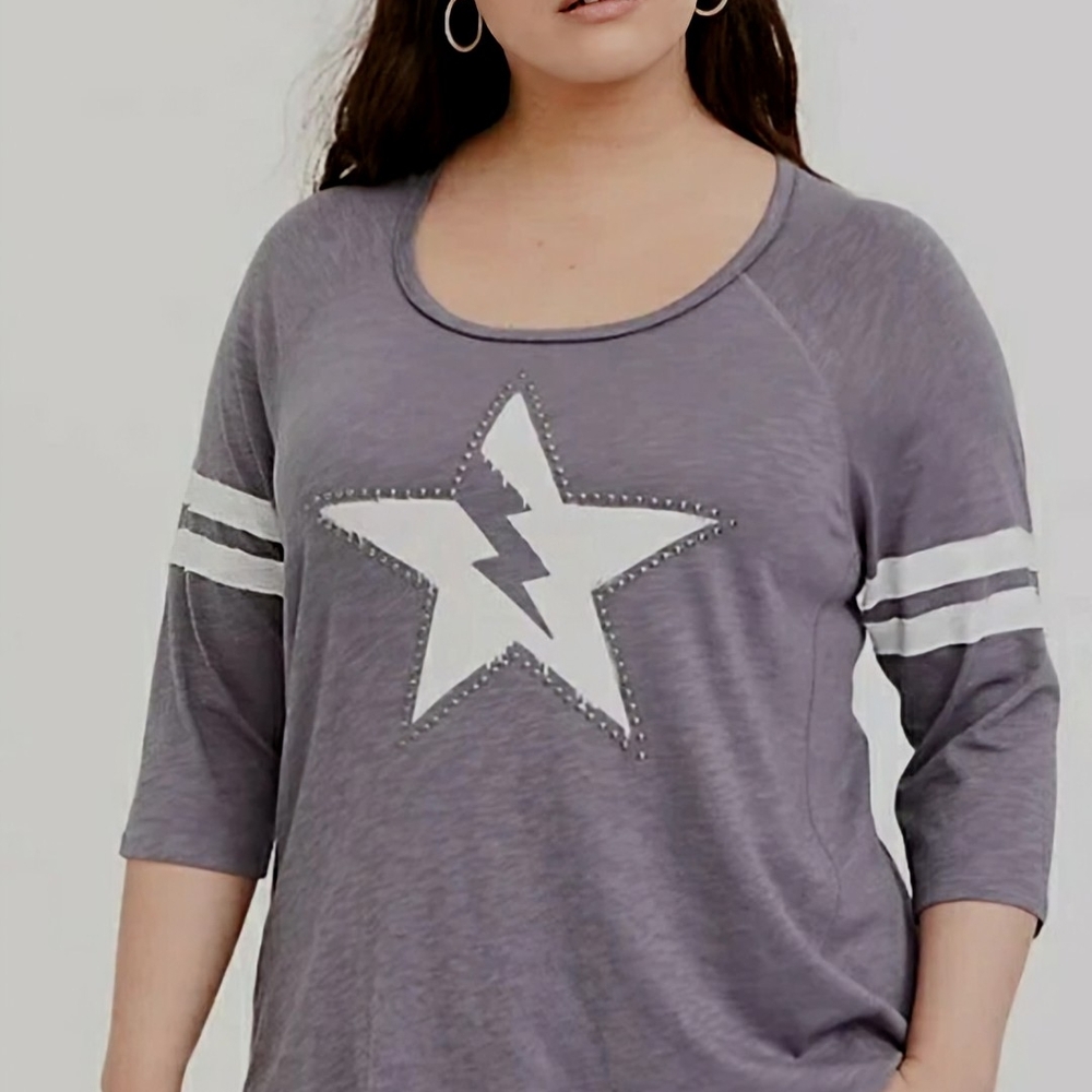 Torrid Gray and Purple Graphic 3/4 Sleeve Tee
